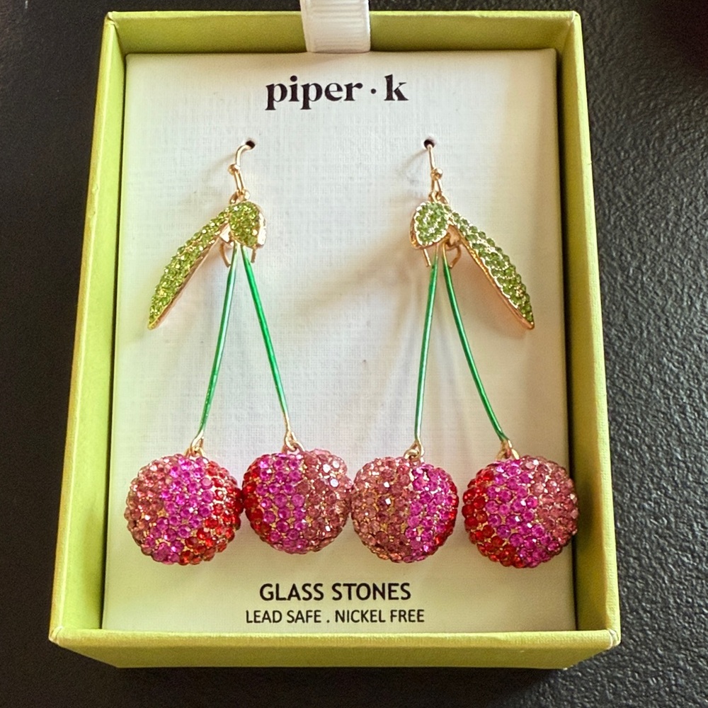 Piper K Sparkling Cherry Earrings - Pink and Green NWT